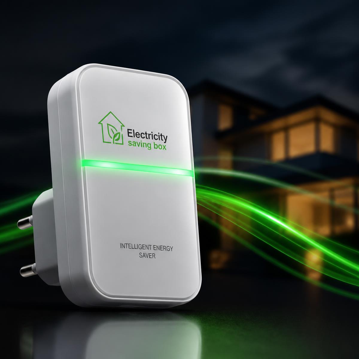 StopWatt plug-in electricity saving box glowing green in a modern home
